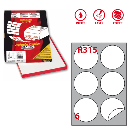 Etichette adesive R/315 - in carta - permanenti - tonde - diametro 85 mm - 6 et/fg - 100 fogli - bianco - Markin